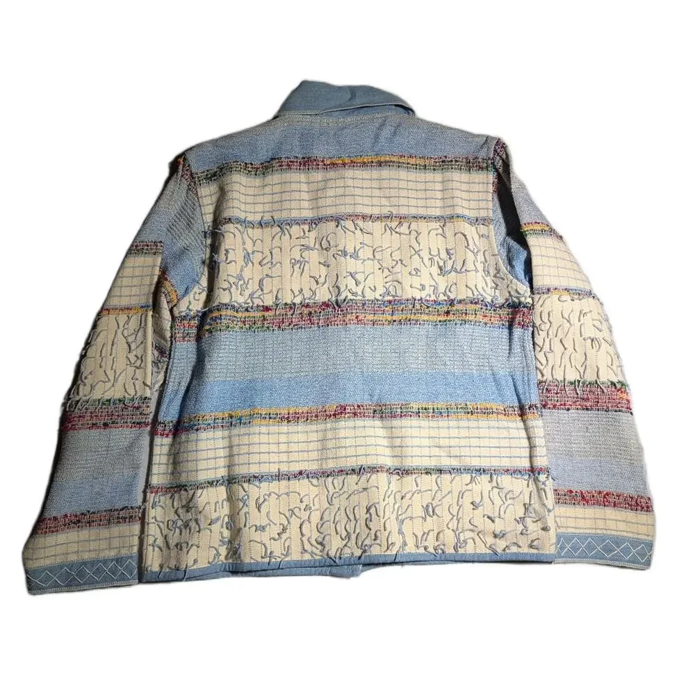 Vtg Y2K Yak Magik Blue Ivory Reversible Fringe Trim0 Blanket Woven Jacket S